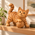 The Playful Orange Tabby hand-carved natural oak cat sculpture – styled home decor view