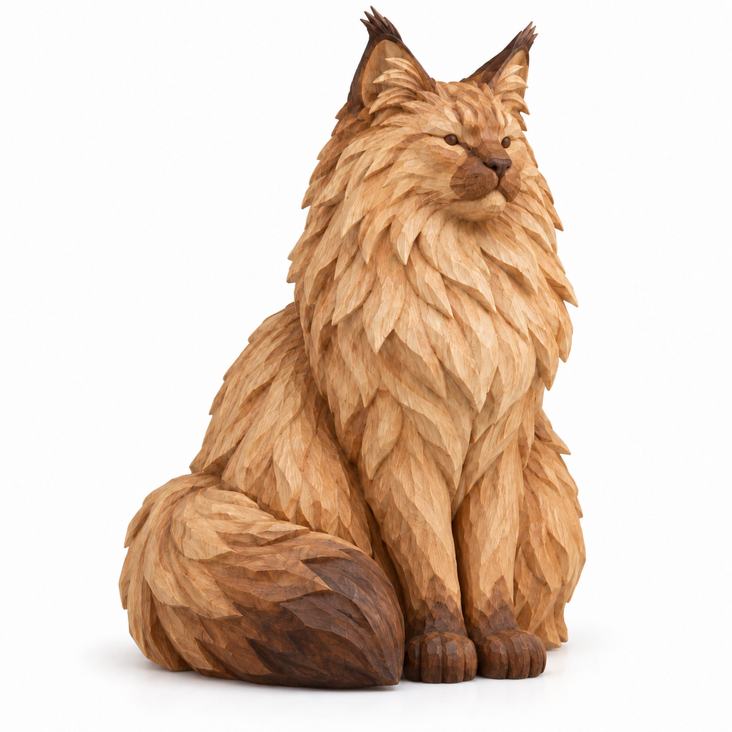 The Proud Norwegian Forest Cat hand-carved natural oak cat sculpture – main product view