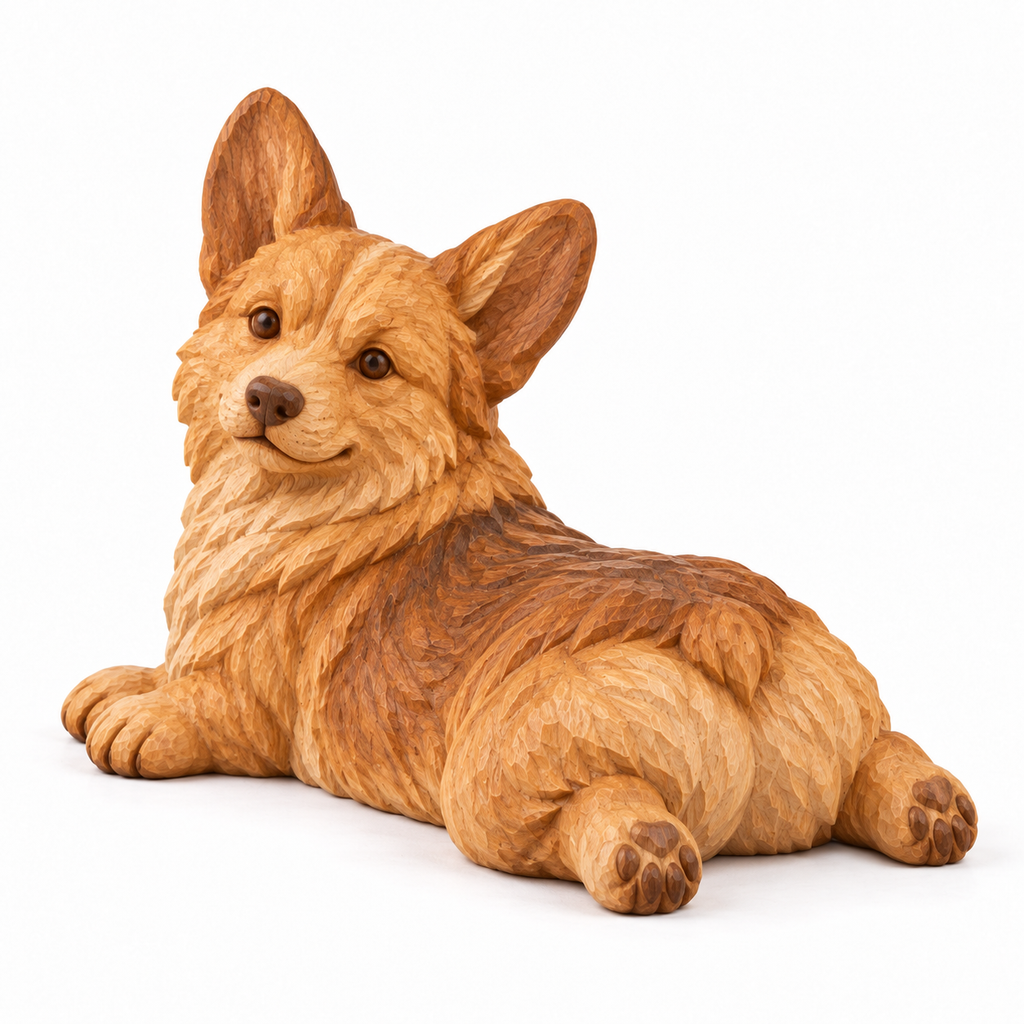 The Relaxed Corgi hand-carved natural oak dog sculpture – main product view