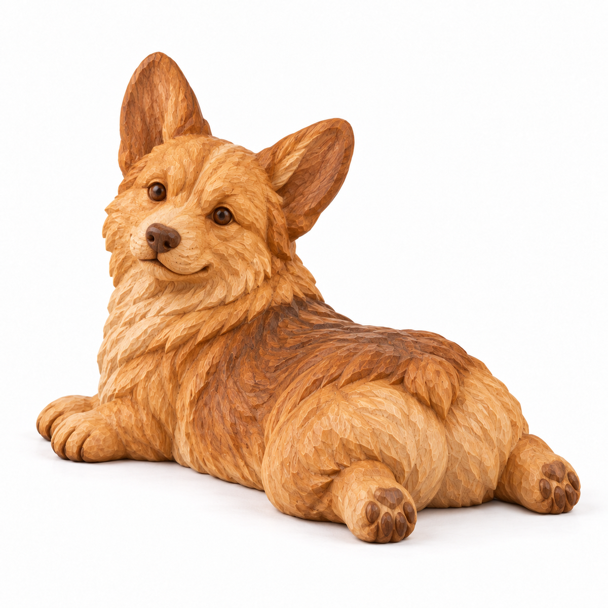 The Relaxed Corgi hand-carved natural oak dog sculpture – main product view