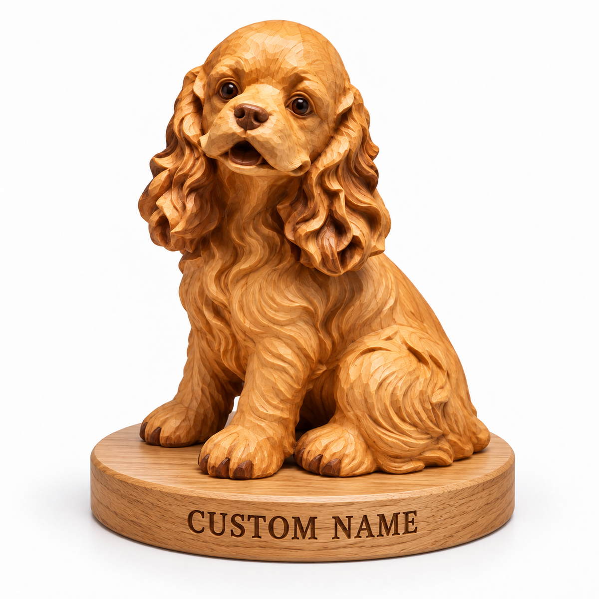 The Gentle Cocker Spaniel hand-carved natural oak dog sculpture – optional engraved name base example