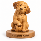 The Playful Labrador hand-carved natural oak dog sculpture – optional engraved name base example