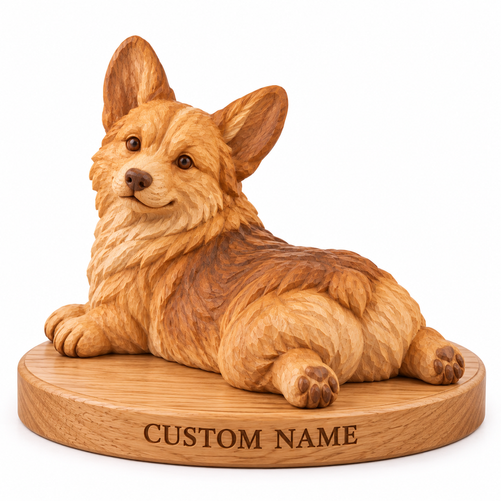 The Relaxed Corgi hand-carved natural oak dog sculpture – optional engraved name base example