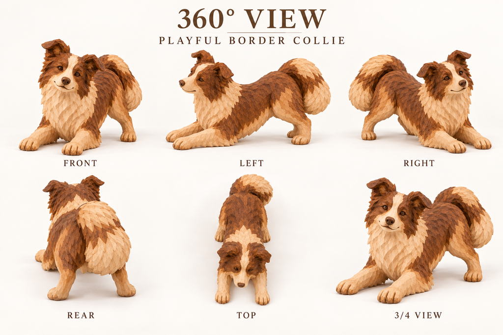 The Playful Border Collie hand-carved natural oak dog sculpture – alternate 360-degree view