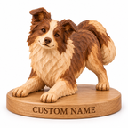 The Playful Border Collie hand-carved natural oak dog sculpture – optional engraved name base example