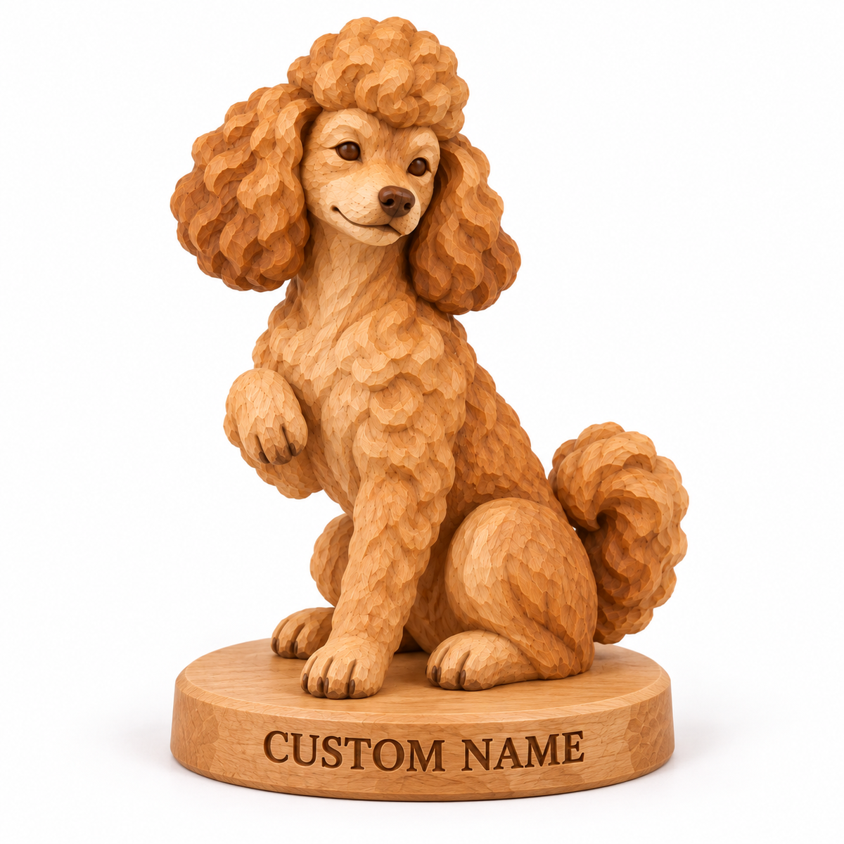 The Polite Poodle hand-carved natural oak dog sculpture – optional engraved name base example