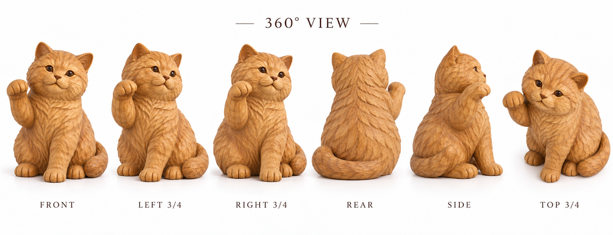 The Waving British Shorthair hand-carved natural oak cat sculpture – alternate 360-degree view