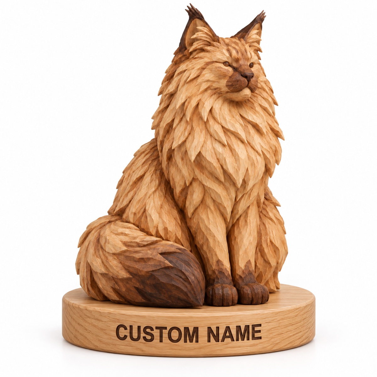 The Proud Norwegian Forest Cat hand-carved natural oak cat sculpture – optional engraved name base example
