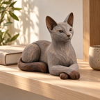 The Gentle Russian Blue hand-carved natural oak cat sculpture – styled home decor view