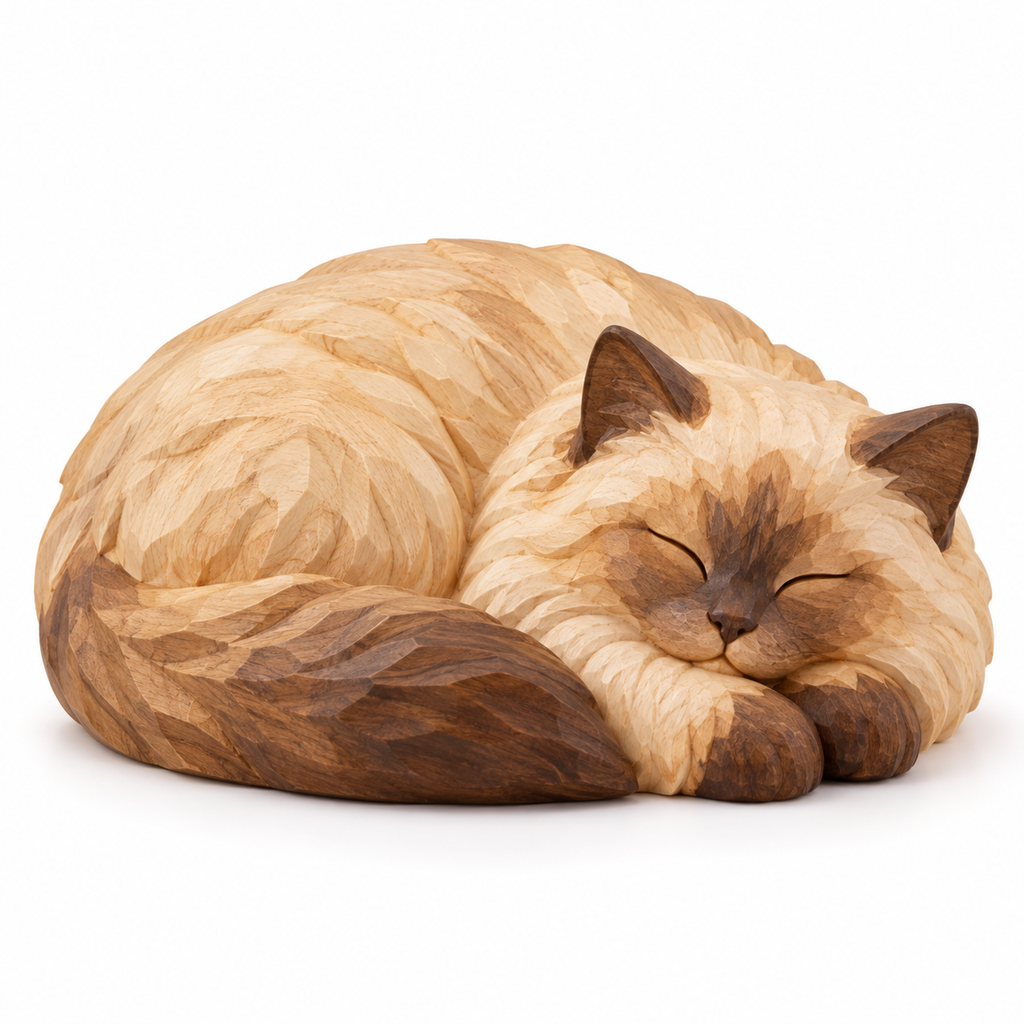 The Sleeping Ragdoll hand-carved natural oak cat sculpture – main product view