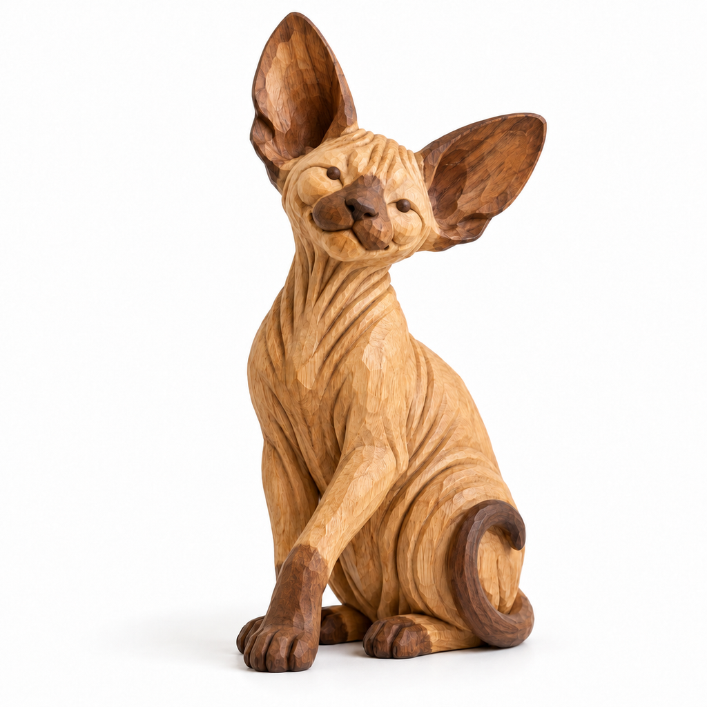 The Mischievous Sphynx hand-carved natural oak cat sculpture – main product view