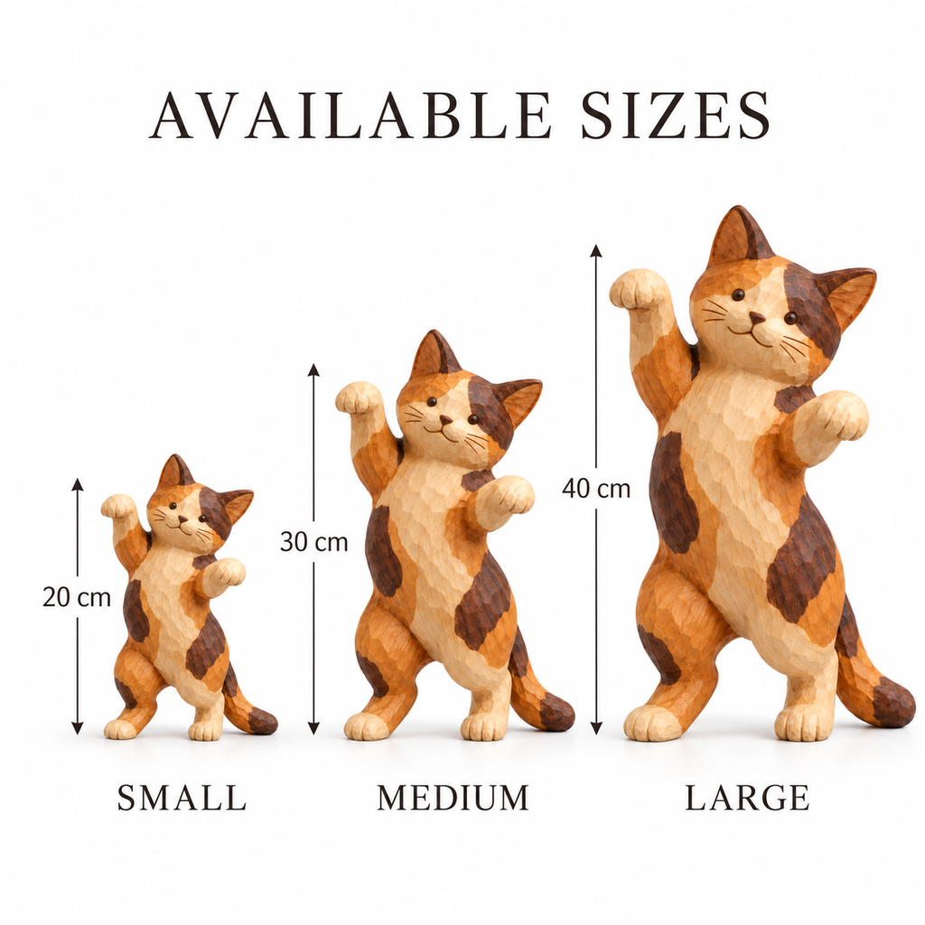 The Dancing Calico - Hand-Carved Natural Oak Cat Sculpture